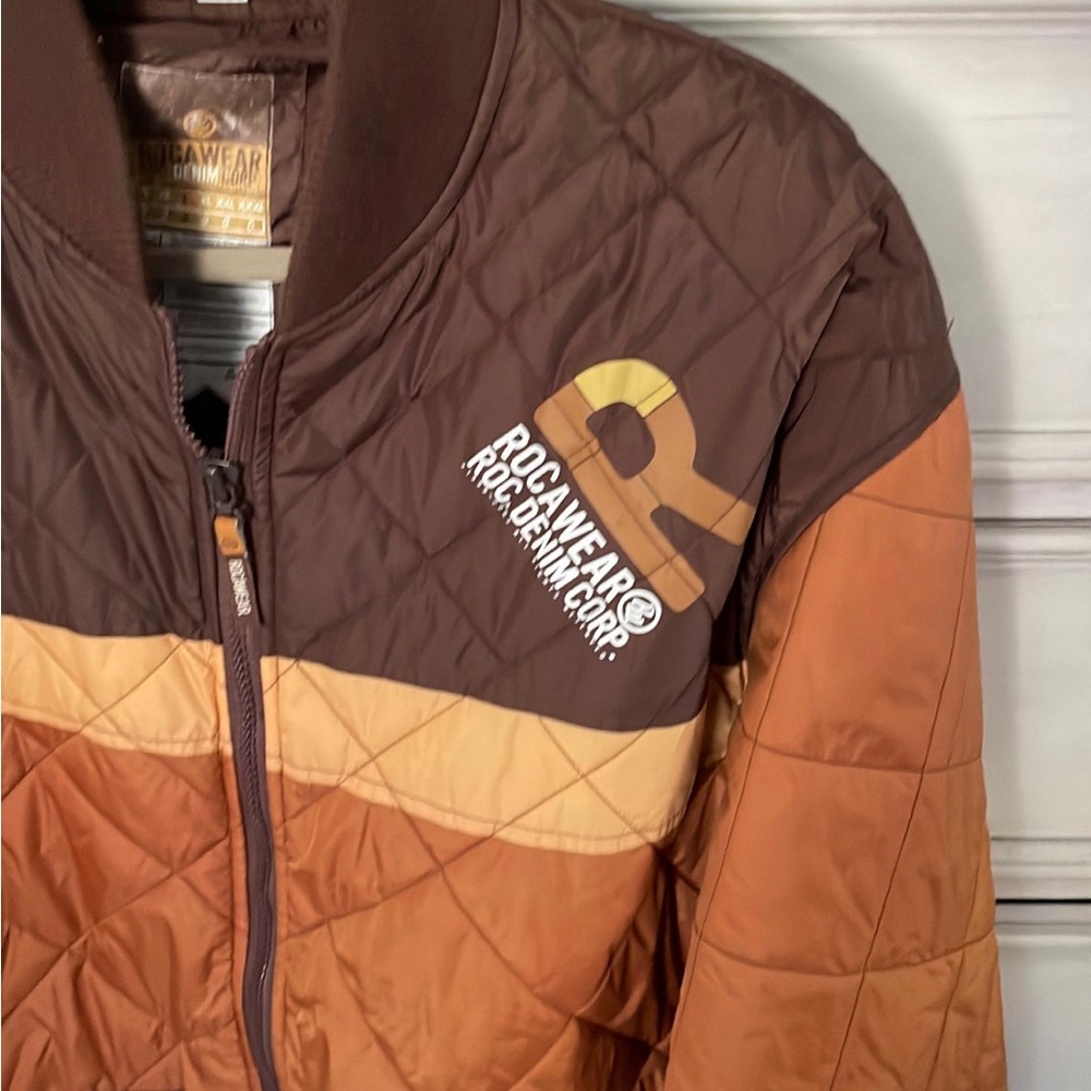 Rocawear Jacket ROC Denim Corp Brown Quilted Puffer Color Block Large Size 3 - Picture 2 of 12